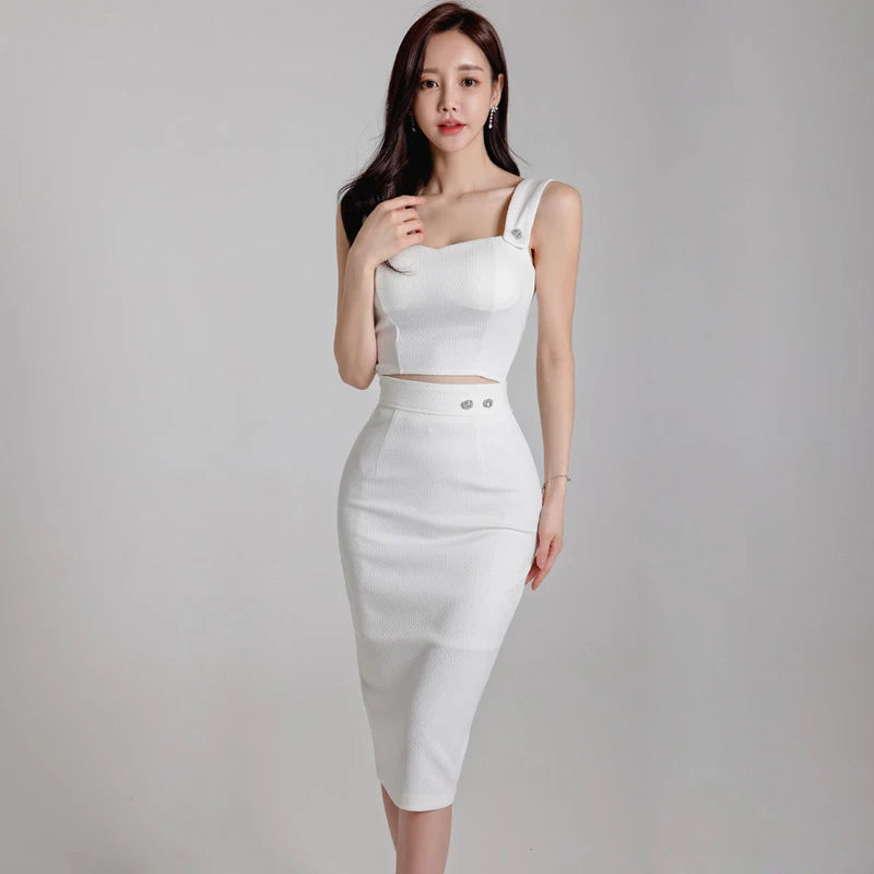Elegant Chic Strap Short Cropped Tops Shirt Blouse and High Waist Midi Skirt