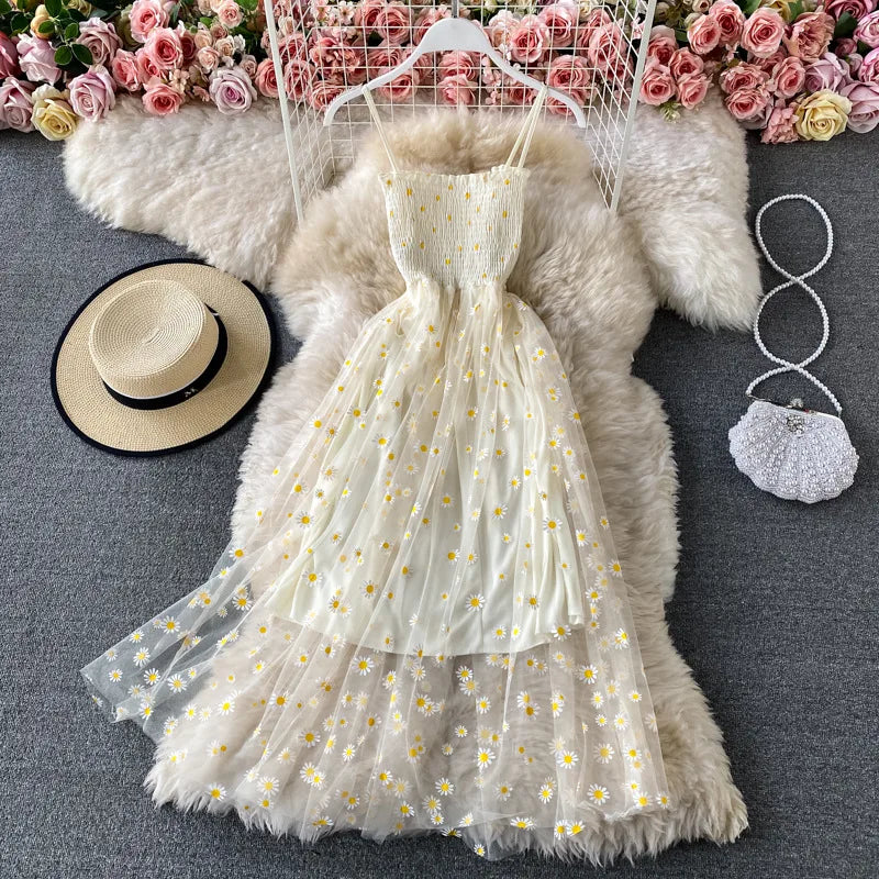 Summer New Floral Sleeveless Spaghetti Strap Backless Mid Long Woman's Dress