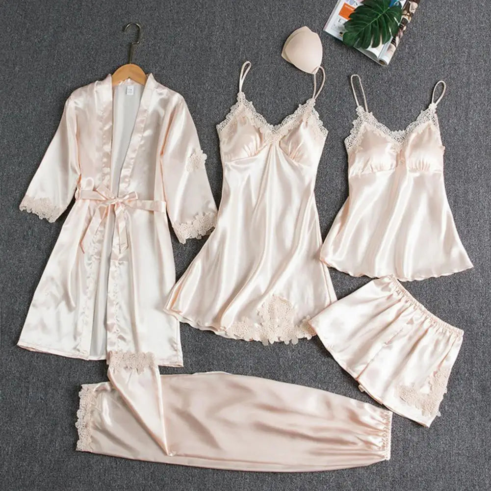 5 Pieces Pajamas Set Satin Lace Gown Lingerie