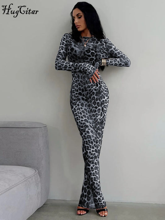 Woman's Leopard Print Mesh Long Sleeve Sexy Slim  See Through Maxi Dress